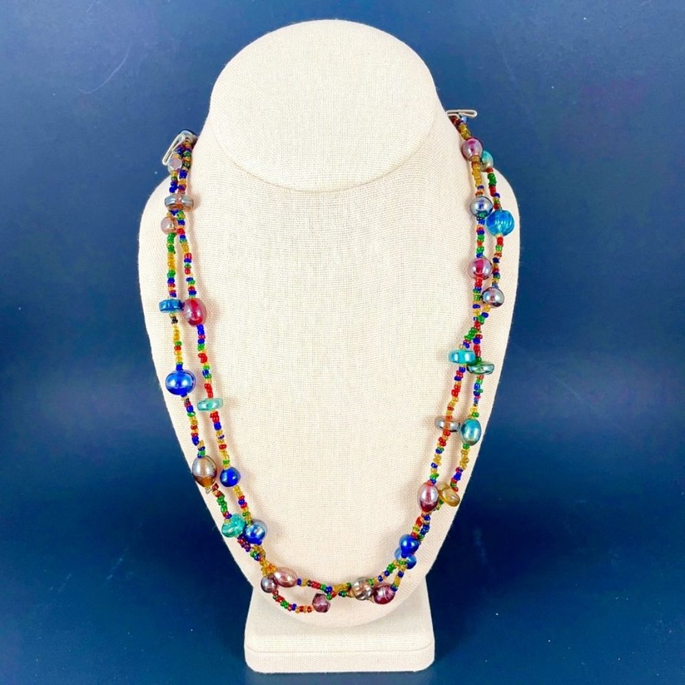 Necklace 52 Inch Multicolored Glass W/Seed Bead Separators between Stations